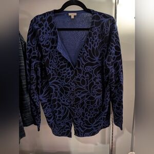Talbots Woman Blue and Black Floral Patterned Cardigan Sweater in Size 1X